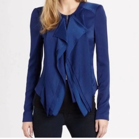 BCBGMaxAzria Jackets & Blazers - BCBG MaxAzria Cobalt Blue Flora Ruffled Jacket padded shoulders Size Medium